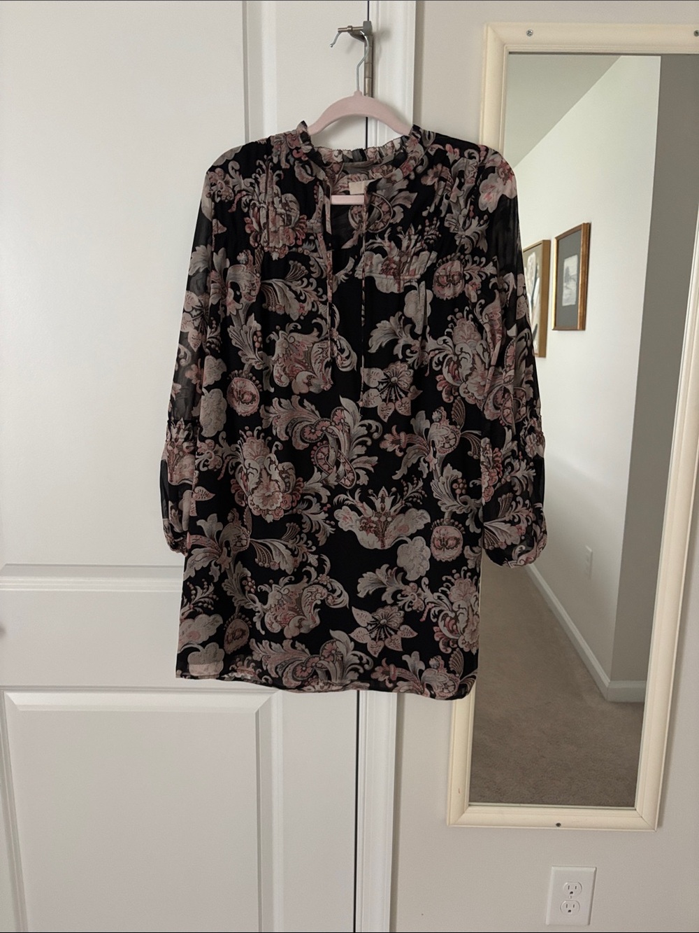 LOFT Black Long-Sleeve Floral Tunic with Pink Accents